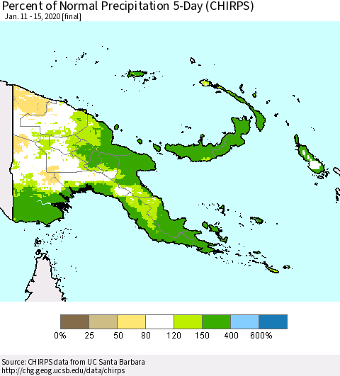Papua New Guinea Percent of Normal Precipitation 5-Day (CHIRPS) Thematic Map For 1/11/2020 - 1/15/2020
