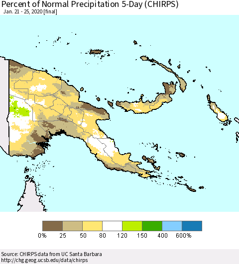 Papua New Guinea Percent of Normal Precipitation 5-Day (CHIRPS) Thematic Map For 1/21/2020 - 1/25/2020
