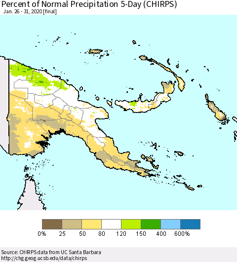 Papua New Guinea Percent of Normal Precipitation 5-Day (CHIRPS) Thematic Map For 1/26/2020 - 1/31/2020