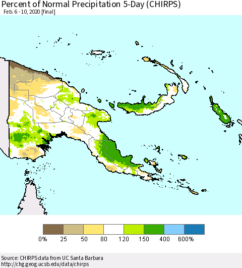 Papua New Guinea Percent of Normal Precipitation 5-Day (CHIRPS) Thematic Map For 2/6/2020 - 2/10/2020