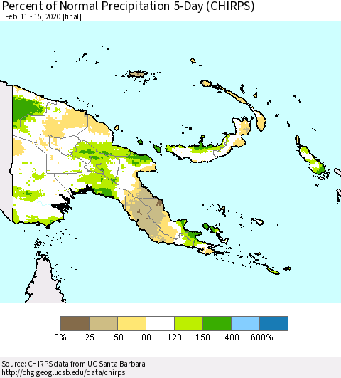 Papua New Guinea Percent of Normal Precipitation 5-Day (CHIRPS) Thematic Map For 2/11/2020 - 2/15/2020