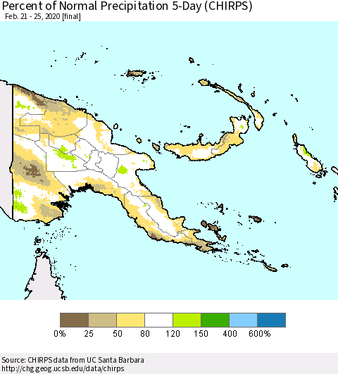 Papua New Guinea Percent of Normal Precipitation 5-Day (CHIRPS) Thematic Map For 2/21/2020 - 2/25/2020
