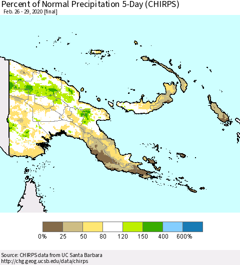 Papua New Guinea Percent of Normal Precipitation 5-Day (CHIRPS) Thematic Map For 2/26/2020 - 2/29/2020