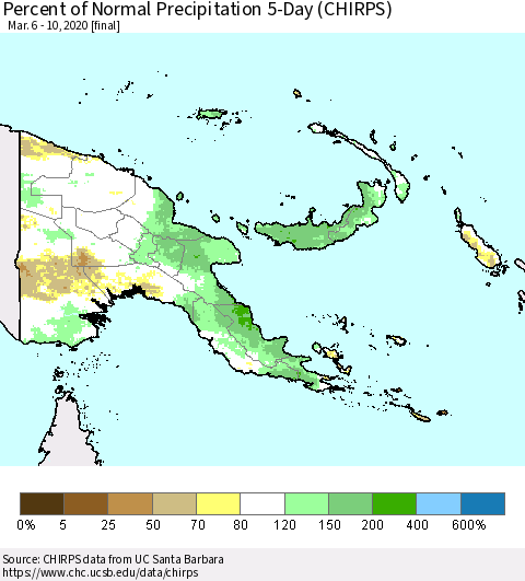 Papua New Guinea Percent of Normal Precipitation 5-Day (CHIRPS) Thematic Map For 3/6/2020 - 3/10/2020