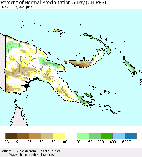 Papua New Guinea Percent of Normal Precipitation 5-Day (CHIRPS) Thematic Map For 3/11/2020 - 3/15/2020