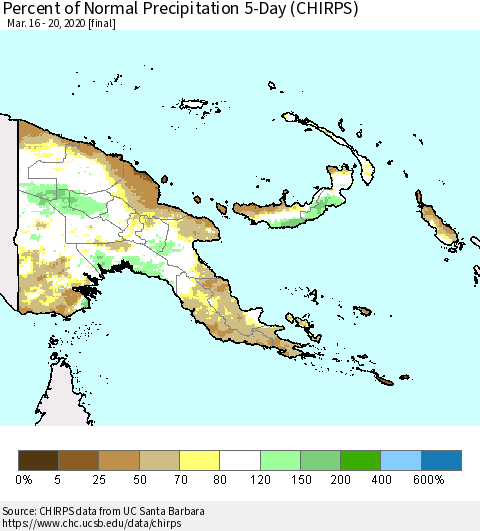 Papua New Guinea Percent of Normal Precipitation 5-Day (CHIRPS) Thematic Map For 3/16/2020 - 3/20/2020