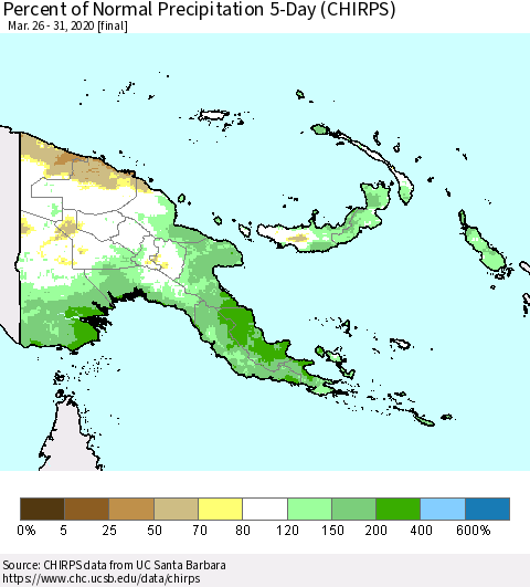 Papua New Guinea Percent of Normal Precipitation 5-Day (CHIRPS) Thematic Map For 3/26/2020 - 3/31/2020