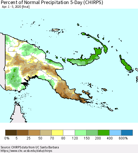 Papua New Guinea Percent of Normal Precipitation 5-Day (CHIRPS) Thematic Map For 4/1/2020 - 4/5/2020