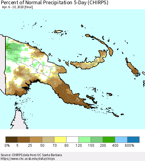 Papua New Guinea Percent of Normal Precipitation 5-Day (CHIRPS) Thematic Map For 4/6/2020 - 4/10/2020