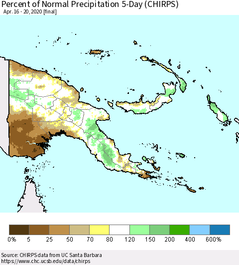 Papua New Guinea Percent of Normal Precipitation 5-Day (CHIRPS) Thematic Map For 4/16/2020 - 4/20/2020