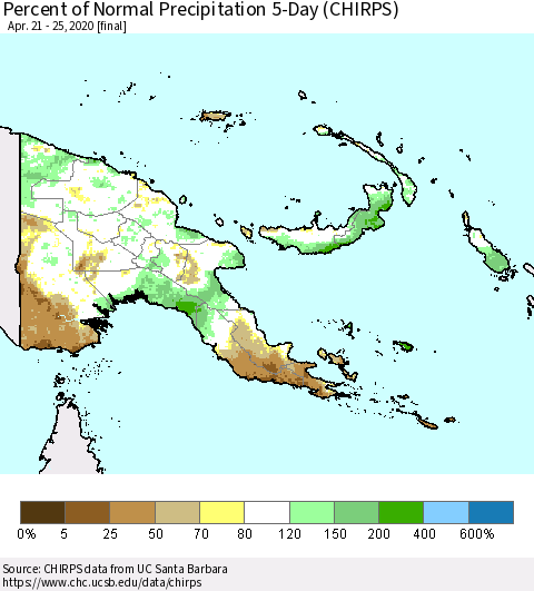 Papua New Guinea Percent of Normal Precipitation 5-Day (CHIRPS) Thematic Map For 4/21/2020 - 4/25/2020