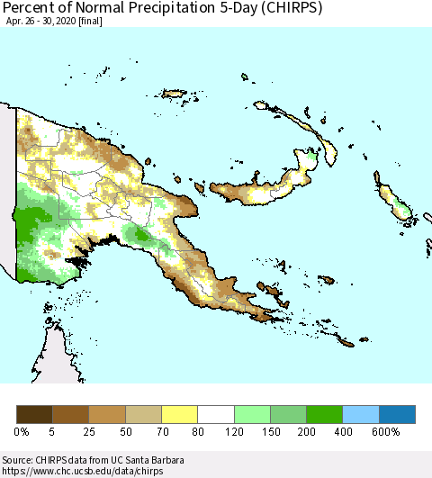Papua New Guinea Percent of Normal Precipitation 5-Day (CHIRPS) Thematic Map For 4/26/2020 - 4/30/2020