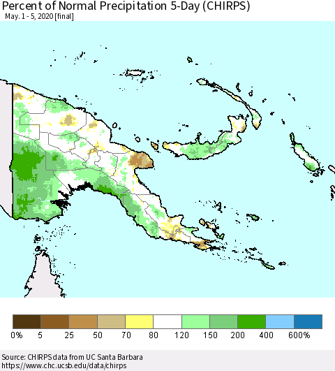 Papua New Guinea Percent of Normal Precipitation 5-Day (CHIRPS) Thematic Map For 5/1/2020 - 5/5/2020