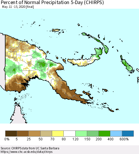 Papua New Guinea Percent of Normal Precipitation 5-Day (CHIRPS) Thematic Map For 5/11/2020 - 5/15/2020