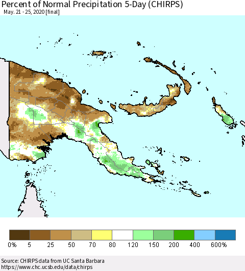 Papua New Guinea Percent of Normal Precipitation 5-Day (CHIRPS) Thematic Map For 5/21/2020 - 5/25/2020