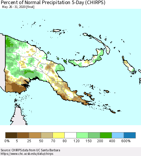 Papua New Guinea Percent of Normal Precipitation 5-Day (CHIRPS) Thematic Map For 5/26/2020 - 5/31/2020