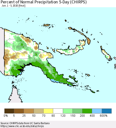 Papua New Guinea Percent of Normal Precipitation 5-Day (CHIRPS) Thematic Map For 6/1/2020 - 6/5/2020
