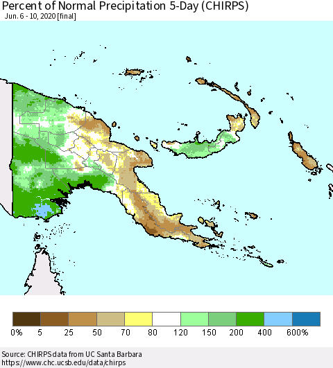 Papua New Guinea Percent of Normal Precipitation 5-Day (CHIRPS) Thematic Map For 6/6/2020 - 6/10/2020