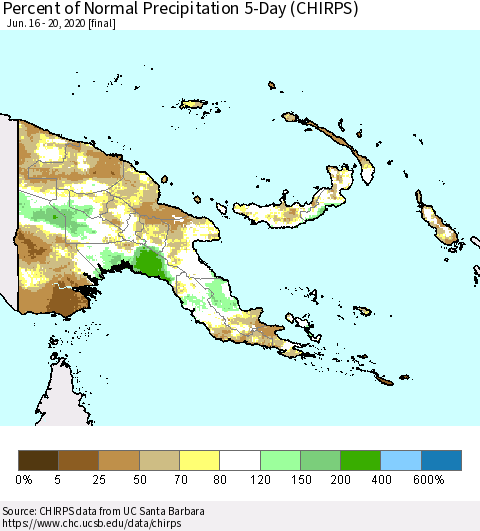 Papua New Guinea Percent of Normal Precipitation 5-Day (CHIRPS) Thematic Map For 6/16/2020 - 6/20/2020