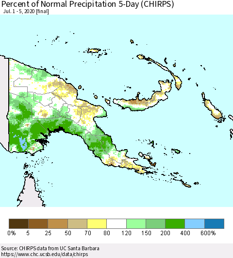 Papua New Guinea Percent of Normal Precipitation 5-Day (CHIRPS) Thematic Map For 7/1/2020 - 7/5/2020
