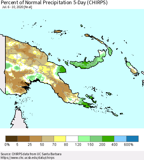 Papua New Guinea Percent of Normal Precipitation 5-Day (CHIRPS) Thematic Map For 7/6/2020 - 7/10/2020