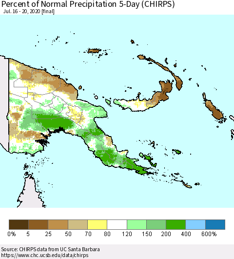 Papua New Guinea Percent of Normal Precipitation 5-Day (CHIRPS) Thematic Map For 7/16/2020 - 7/20/2020