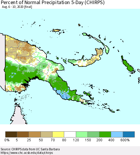 Papua New Guinea Percent of Normal Precipitation 5-Day (CHIRPS) Thematic Map For 8/6/2020 - 8/10/2020