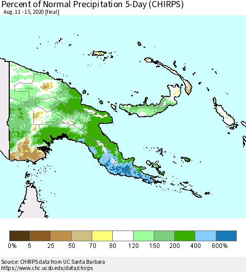 Papua New Guinea Percent of Normal Precipitation 5-Day (CHIRPS) Thematic Map For 8/11/2020 - 8/15/2020