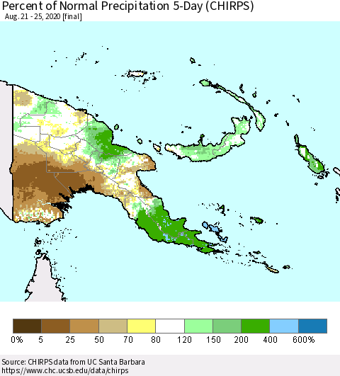 Papua New Guinea Percent of Normal Precipitation 5-Day (CHIRPS) Thematic Map For 8/21/2020 - 8/25/2020