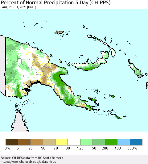 Papua New Guinea Percent of Normal Precipitation 5-Day (CHIRPS) Thematic Map For 8/26/2020 - 8/31/2020