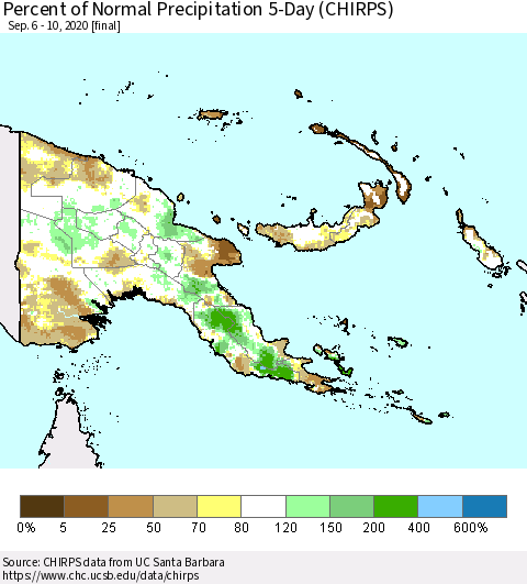 Papua New Guinea Percent of Normal Precipitation 5-Day (CHIRPS) Thematic Map For 9/6/2020 - 9/10/2020