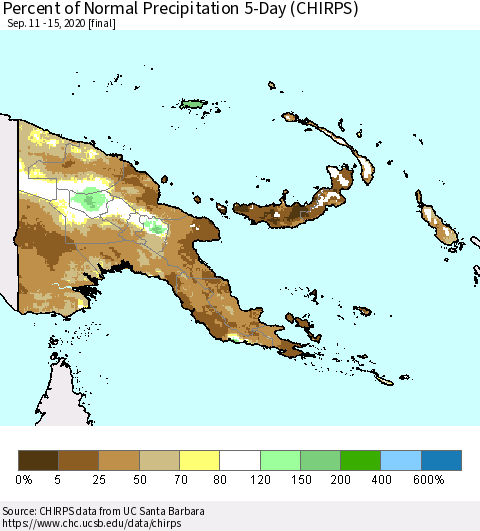 Papua New Guinea Percent of Normal Precipitation 5-Day (CHIRPS) Thematic Map For 9/11/2020 - 9/15/2020