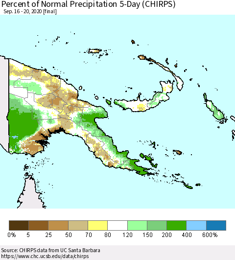 Papua New Guinea Percent of Normal Precipitation 5-Day (CHIRPS) Thematic Map For 9/16/2020 - 9/20/2020
