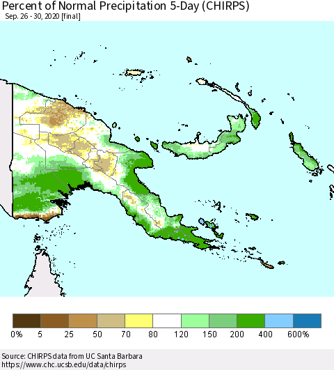 Papua New Guinea Percent of Normal Precipitation 5-Day (CHIRPS) Thematic Map For 9/26/2020 - 9/30/2020