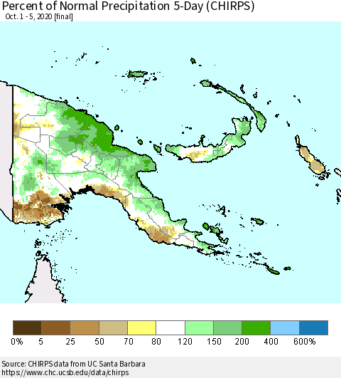 Papua New Guinea Percent of Normal Precipitation 5-Day (CHIRPS) Thematic Map For 10/1/2020 - 10/5/2020