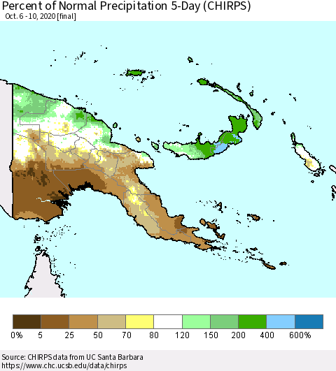 Papua New Guinea Percent of Normal Precipitation 5-Day (CHIRPS) Thematic Map For 10/6/2020 - 10/10/2020