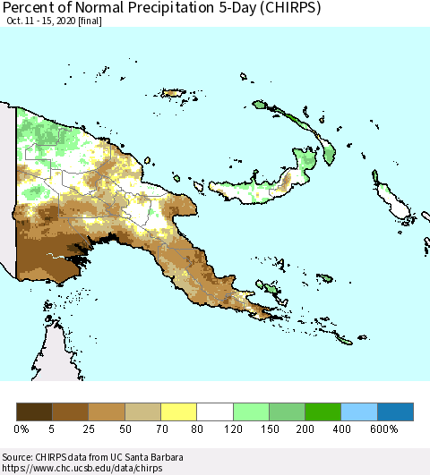 Papua New Guinea Percent of Normal Precipitation 5-Day (CHIRPS) Thematic Map For 10/11/2020 - 10/15/2020