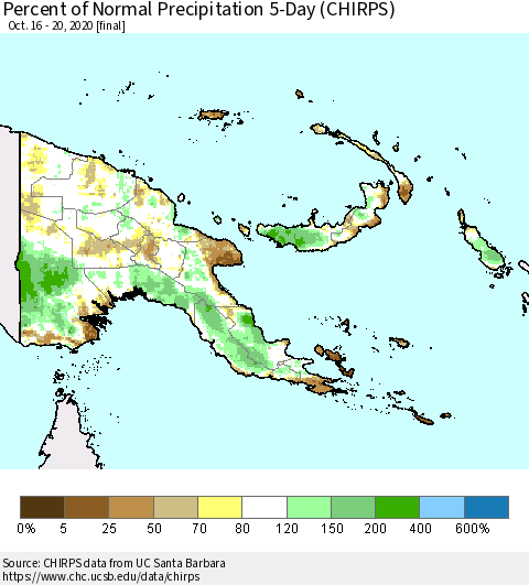 Papua New Guinea Percent of Normal Precipitation 5-Day (CHIRPS) Thematic Map For 10/16/2020 - 10/20/2020