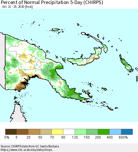 Papua New Guinea Percent of Normal Precipitation 5-Day (CHIRPS) Thematic Map For 10/21/2020 - 10/25/2020