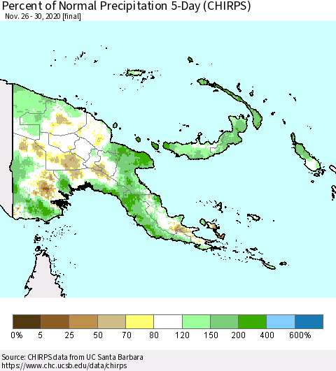 Papua New Guinea Percent of Normal Precipitation 5-Day (CHIRPS) Thematic Map For 11/26/2020 - 11/30/2020