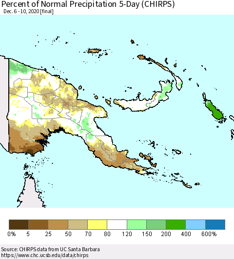 Papua New Guinea Percent of Normal Precipitation 5-Day (CHIRPS) Thematic Map For 12/6/2020 - 12/10/2020