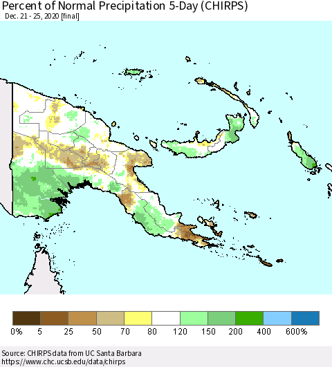 Papua New Guinea Percent of Normal Precipitation 5-Day (CHIRPS) Thematic Map For 12/21/2020 - 12/25/2020