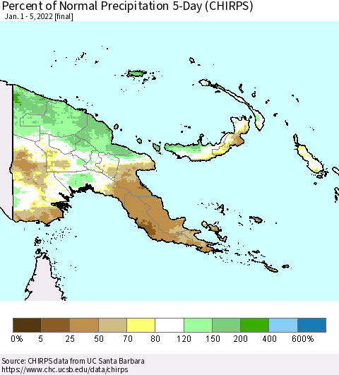 Papua New Guinea Percent of Normal Precipitation 5-Day (CHIRPS) Thematic Map For 1/1/2022 - 1/5/2022