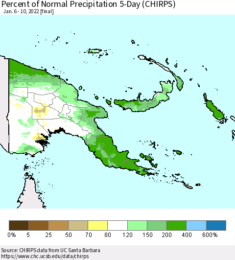 Papua New Guinea Percent of Normal Precipitation 5-Day (CHIRPS) Thematic Map For 1/6/2022 - 1/10/2022