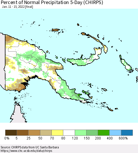 Papua New Guinea Percent of Normal Precipitation 5-Day (CHIRPS) Thematic Map For 1/11/2022 - 1/15/2022