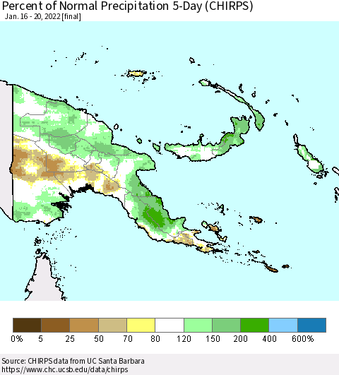 Papua New Guinea Percent of Normal Precipitation 5-Day (CHIRPS) Thematic Map For 1/16/2022 - 1/20/2022