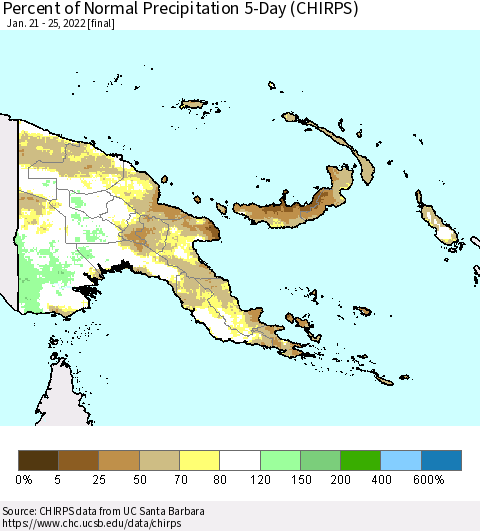 Papua New Guinea Percent of Normal Precipitation 5-Day (CHIRPS) Thematic Map For 1/21/2022 - 1/25/2022