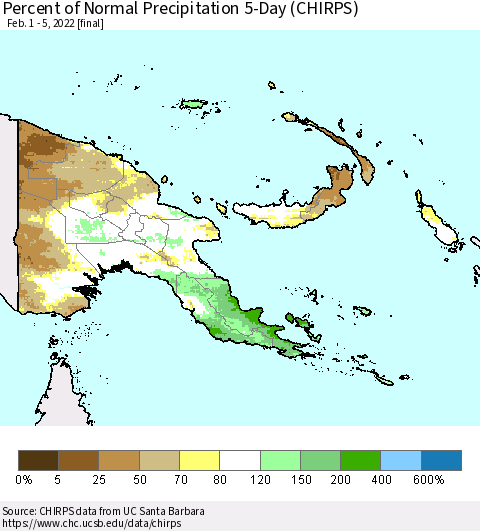 Papua New Guinea Percent of Normal Precipitation 5-Day (CHIRPS) Thematic Map For 2/1/2022 - 2/5/2022