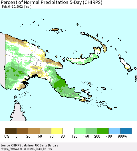 Papua New Guinea Percent of Normal Precipitation 5-Day (CHIRPS) Thematic Map For 2/6/2022 - 2/10/2022