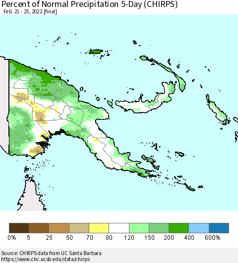 Papua New Guinea Percent of Normal Precipitation 5-Day (CHIRPS) Thematic Map For 2/21/2022 - 2/25/2022